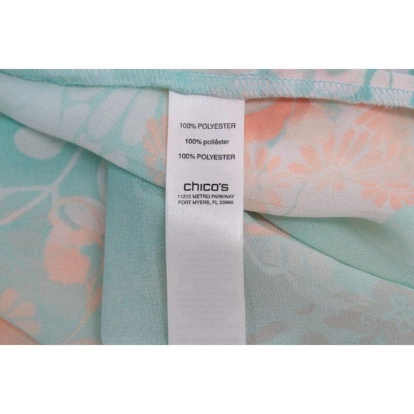 Chicos Blouse Womens Top size 3 XL 16 Tab Sleeve Green Peach Floral Split Back - Picture 9 of 10